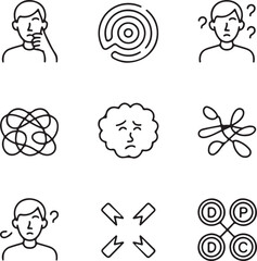 mental health, depression, anxiety, confusion, problem solving, icon, set, vector, illustration, mind, brain, thinking, feeling, emotion, psychology, stress, frustration, sadness, question, maze, tang