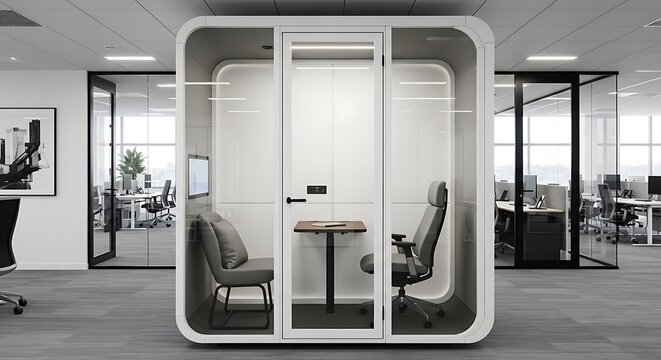 A modern white soundproof meeting pod with glass walls in a contemporary open-plan office.