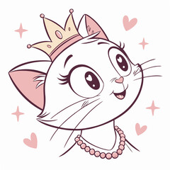 Vector Kawaii Princess Cat Illustration – Pink Crown, Cute Face