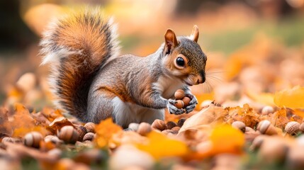 A close-up of a squirrel gathering acorns, autumn colors 