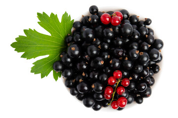 Black and red currants in bowl – top view, isolated on transparent background, PNG