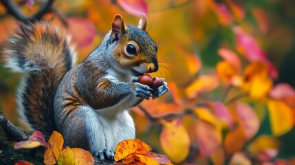 A close-up of a squirrel gathering acorns, autumn colors 