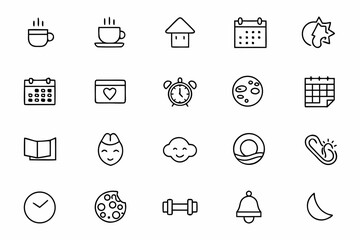 Fototapeta premium A motivational collection of line art icons focusing on personal productivity, daily routines, and time-blocking calendars. Great for planners, habit trackers, personal growth products, and coaching m