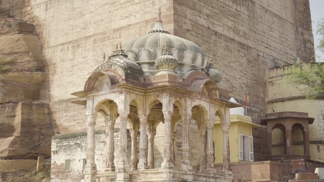 Ornate Sandstone Chhatri Pavilion at Rajasthani Fort, India