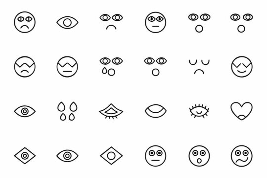 A playful and expressive line icon pack illustrating different emotional states through eyes and eyebrows. Great for emojis, UI icons, mental health apps, children&rsquo;s learning tools, and marketing grap
