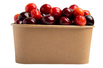 Assorted cherries in kraft paper container, isolated on transparent background, PNG
