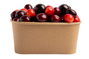 Assorted cherries in kraft paper container, isolated on transparent background, PNG