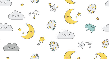 Fototapeta premium Cute seamless pattern of sleeping sheep clouds and crescent moon with stars for baby nursery decor