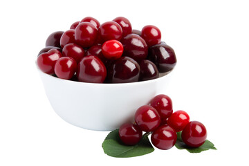 Fresh Cherries in White Bowl, isolated on transparent background, PNG