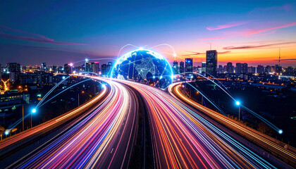 Obraz premium Global Connectivity on the Horizon: An awe-inspiring night view unfolds, showcasing a bustling highway interwoven with a digital representation of the globe.