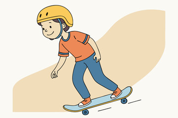 Young boy wearing helmet skateboarding on blue board orange shirt blue pants