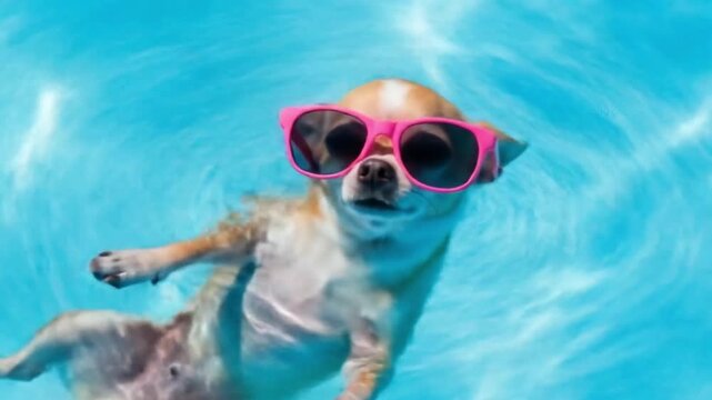 A cute chihuahua dog wearing pink sunglasses is swimming and relaxing in a clear blue swimming pool on a sunny day