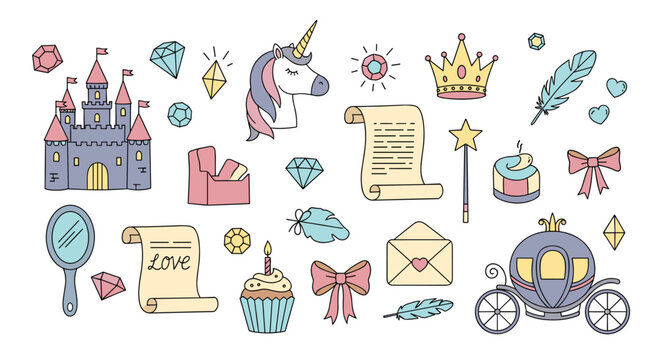 Magical fairytale elements collection featuring castles unicorns crowns carriage and enchanting treasures