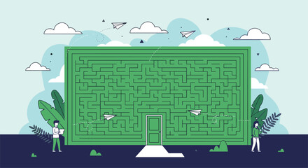 Exploring the lush green maze with two adventurers discovering nature's secrets and finding their way forward