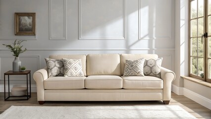 A comfortable beige sofa with patterned pillows sits in a bright room near a window.