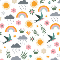 Bohemian Summer Seamless Pattern – Minimalist Design with Rainbows, Swallows, Sun, Stars, Clouds, and Floral Motifs for Fabric, Wallpaper, and Digital Backgrounds

