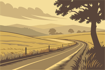 Fototapeta premium wide empty road leading through golden fields, rolling hills in the distance, hazy atmosphere, tranquil and serene landscape, dramatic sky, cinematic lighting, muted colors, digital art, highly det