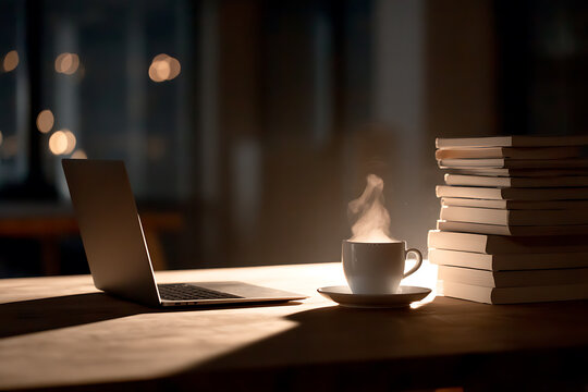 late night study session, studying late into the night with a glowing laptop, a stack of books, and a cup of coffee