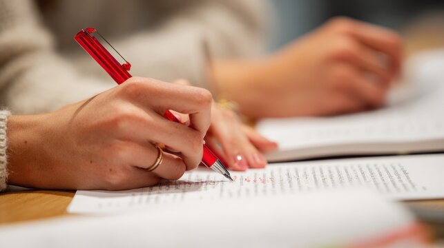 Close-up of hands writing in a book