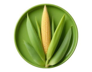 Corn on the cob with leaves on a green plate