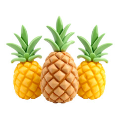 Three 3D Cartoon Pineapples on Transparent Background