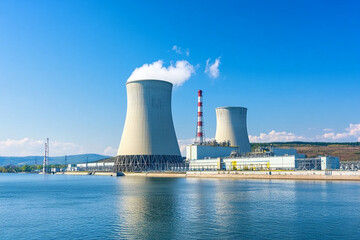 Cooling towers at a power plant adjacent to calm water