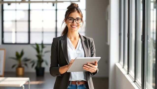 A smiling woman in a blazer holding a tablet in an office with large windows and potted plants behind her