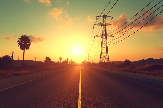 Sunset over power grid with high-voltage towers and lines
