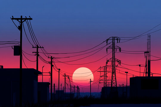 Power grid at sunset with high-voltage towers and lines