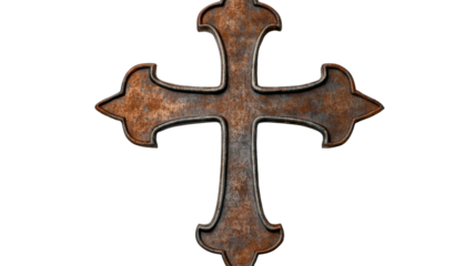 A detailed metallic cross with flared ends slightly aged on white background
