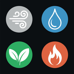 Four Elements Icons Representing Air, Water, Earth, and Fire for Natural Balance and Environmental Concepts in Graphic Design
