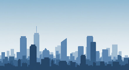 Fototapeta premium Minimalist cityscape with layered skyscrapers in blue and grey tones, abstract skyline