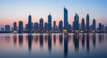 Obraz premium Panoramic cityscape with skyline reflected on water, digital painting style