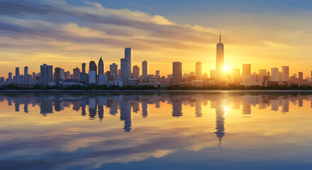 Fototapeta premium Panoramic cityscape with skyline reflected on water, digital painting style
