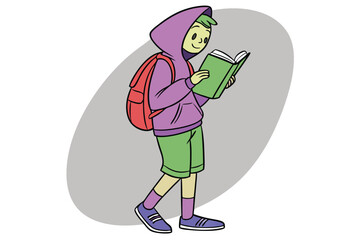 Young person wearing purple hoodie green shorts reading book cartoon illustration