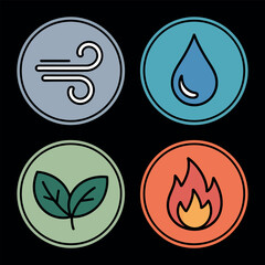 Colorful Elemental Icons A Symbolic Representation of Nature's Forces Air Water Earth and Fire in a Unified Circular Design