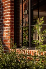 Fototapeta premium Building features a rustic brick wall and large black-framed window reflecting greenery during golden hour in a calm residential neighborhood