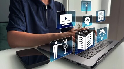 Digital internet lessons and online webinar on virtual screen.E-learning education.Education internet Technology.Business person who attends online lessons on a digital technology screen.	
 - Powered by Adobe