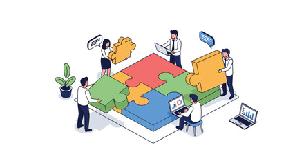 Illustrative depiction of diverse business professionals collaborating and assembling a complex puzzle signifying strategic planning and problem-solving solutions