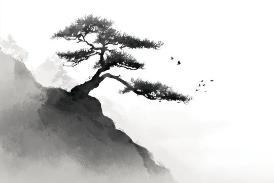 Misty mountain, pine tree, birds, ink