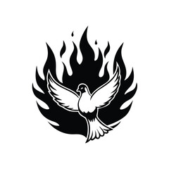 Obraz premium Silhouette of a white dove with outstretched wings against a backdrop of stylized flames