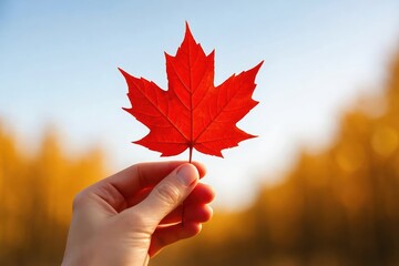 Red maple leaf held by hand against autumn forest background