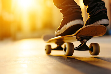 Skateboarder performs a trick in golden hour at skatepark