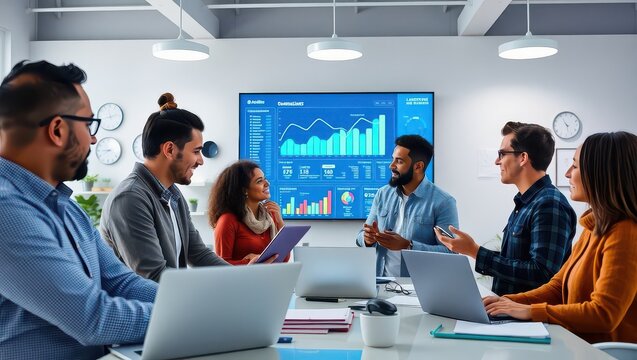 A diverse group of professionals collaborate around a table with laptops and a display screen showing charts