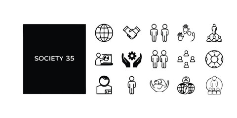 A collection of 35 line icons representing various aspects of society, including community, culture, and social interactions..eps