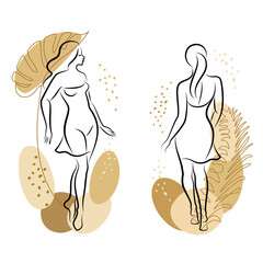 Collection. Silhouette of a cute lady and leaves of a plant. The girl is standing. The woman has a beautiful figure. She is young and slim. Vector illustration set.