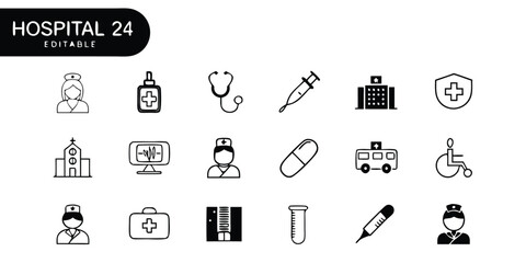 Various medical line icons showcasing tools like a scalpel, bandage, and microscope, illustrating health and wellness..eps