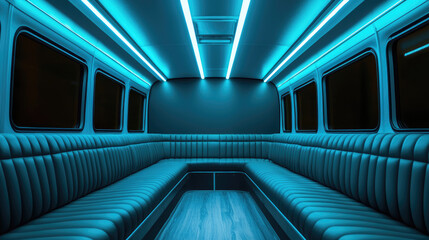 Fototapeta premium Luxurious bus interior with blue lighting, featuring plush seating and sleek design. spacious layout creates modern and stylish for travelers