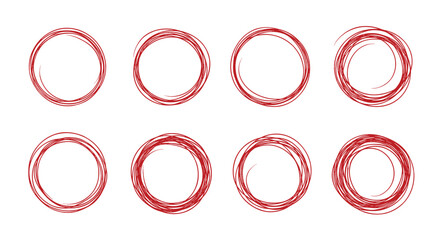 A collection of red circular stamp marks with a textured and distressed appearance for graphic design and document embellishment