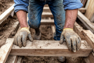 Worker climbs ladder in industrial area for construction tasks